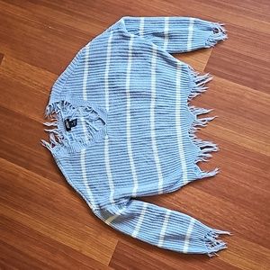 Just Polly Striped Distressed V-Neck Sweater Blue & White Stripes, Medium